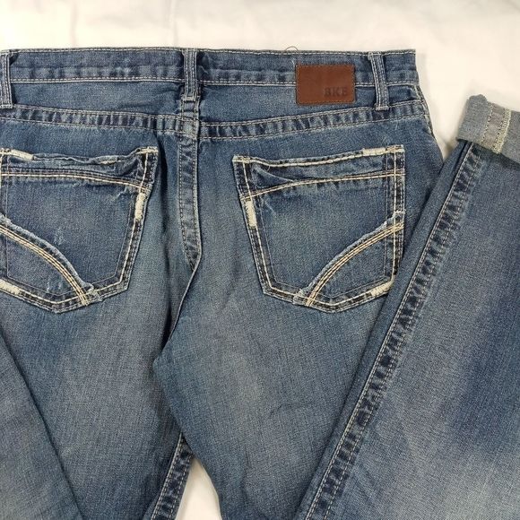 BKE Denim Tyler straight leg men's 33L cuffed 5 pocket distressed whiskered - Picture 10 of 11